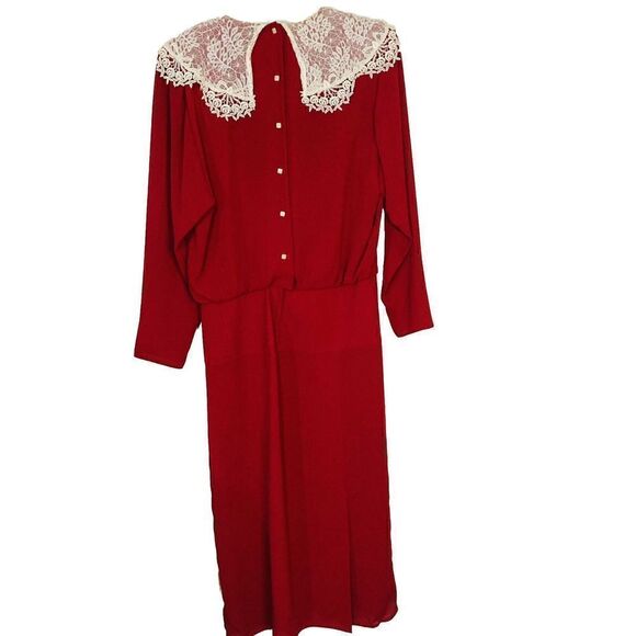 Vtg 80's Nilani Red Applique Lace Pleated Tea Dress Pearls Fancy‎ Party sz 11/12 - Picture 3 of 16